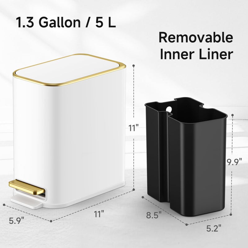 TIPGO Small Bathroom Trash Can with Lid Soft Close, Step Pedal, 5 Liter / 1.3 Gallon Stainless Steel Trash Bin, Slim Garbage Cans for Toilet, Office, Bedroom (White) - Image 4