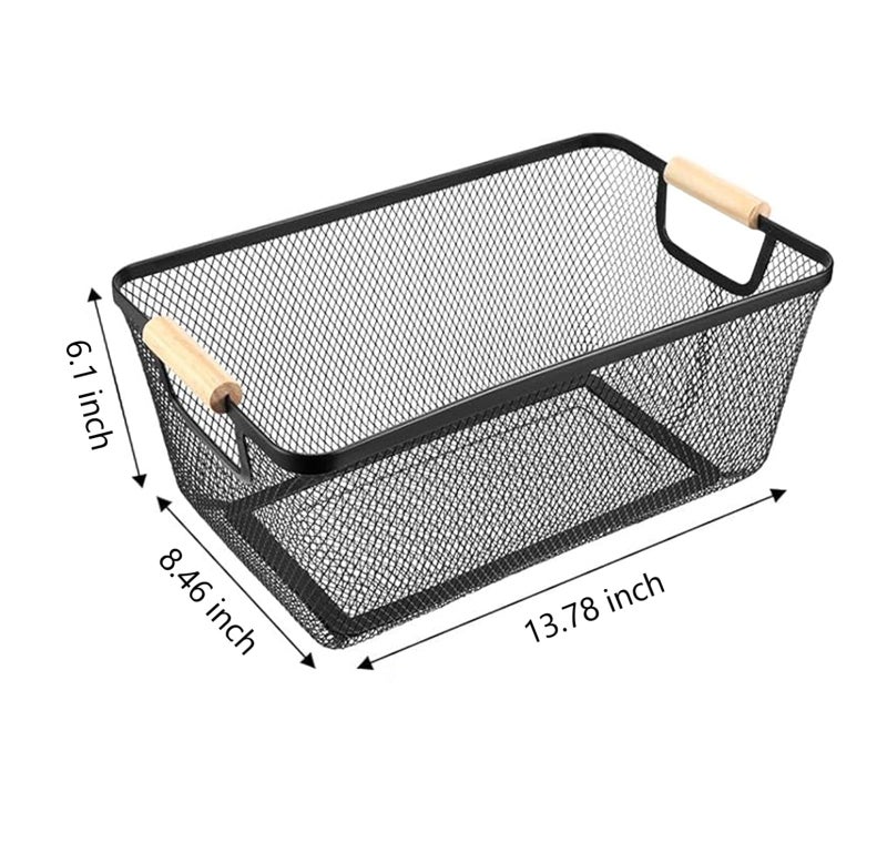 AJIODA Metal Mesh Steel Basket, Large Wire Storage Organizer Basket Multi-function Hanging Kitchen Baskets with Wood Handle for Kitchen Bathroom Picnic Home, Rectangle-Black - Image 2