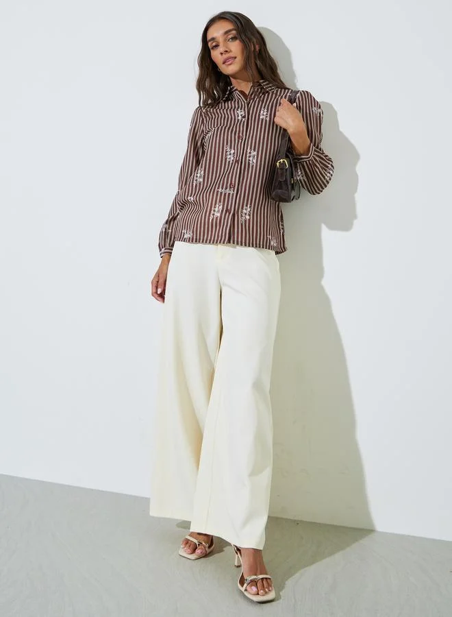 Styli Brown Striped Graphic Print Long Sleeve Shirt