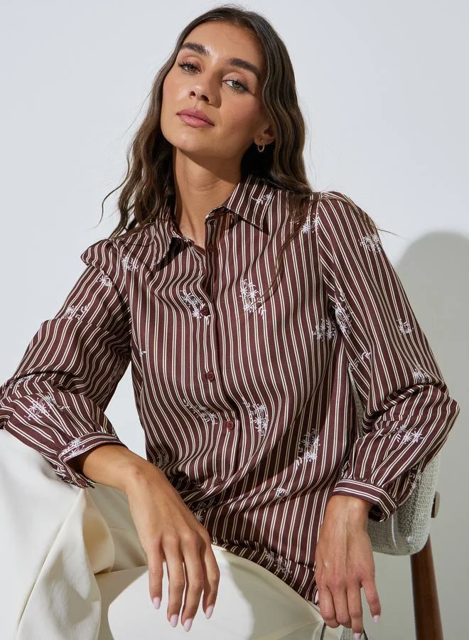 Styli Brown Striped Graphic Print Long Sleeve Shirt