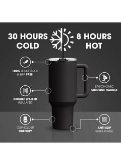 Osse osse 40oz Tumbler with Handle and Straw Lid | Double Wall Vacuum Reusable Stainless Steel Insulated Water Bottle Travel Mug Cup | Modern Insulated Tumblers Cupholder Friendly (Black)  - Image 2