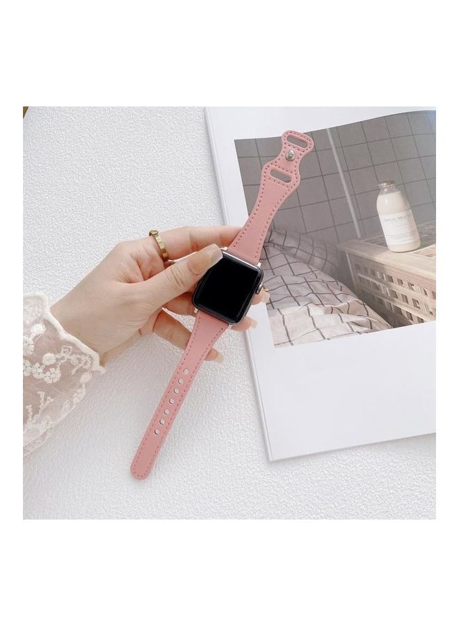 NIBEMINENT Small Waist 8-Shape Reverse Buckle Leather Replacement Strap Watchband For Apple Watch Series 7/6/SE/5/4/3/2/1 45/44/42mm Pink - Image 1