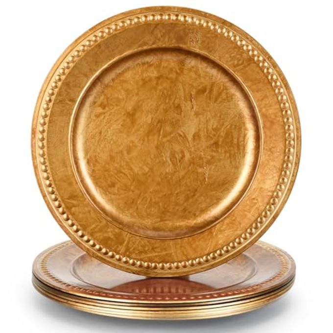 Kazozobi 13" Vintage Gold Brown Charger Plate, Rustic Chargers for Dinner Plates, Elegant Table Setting Centerpieces Decor Bulk Wedding Christmas Thanksgiving Holiday Parties Events, Set of 6 - Image 1