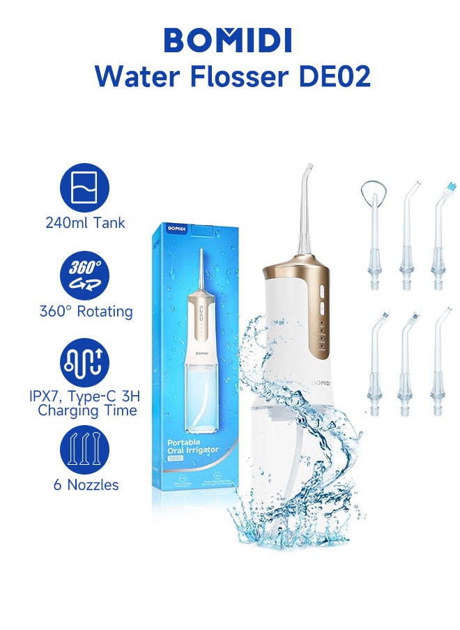 BOMIDI Water Flosser for Cleaning Teeth 360° Rotation 6 Nozzles 240ml Water Tank IPX7 Type-C 3H Charging Time DE02 - White/Gold  - Image 3