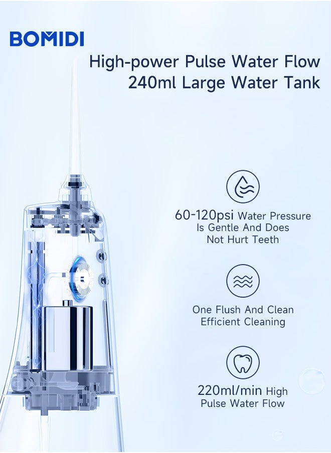 BOMIDI - Water Flosser for Cleaning Teeth 360° Rotation 6 Nozzles 240ml Water Tank IPX7 Type-C 3H Charging Time DE02 - White/Gold - Image 1