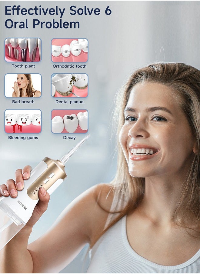 BOMIDI Water Flosser for Cleaning Teeth 360° Rotation 6 Nozzles 240ml Water Tank IPX7 Type-C 3H Charging Time DE02 - White/Gold  - Image 4