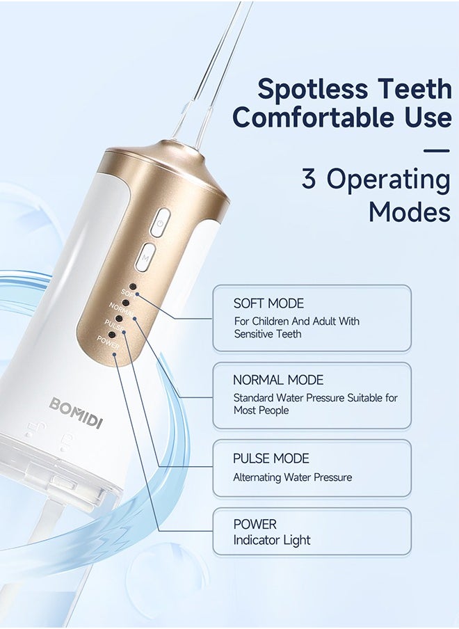 BOMIDI Water Flosser for Cleaning Teeth 360° Rotation 6 Nozzles 240ml Water Tank IPX7 Type-C 3H Charging Time DE02 - White/Gold  - Image 5