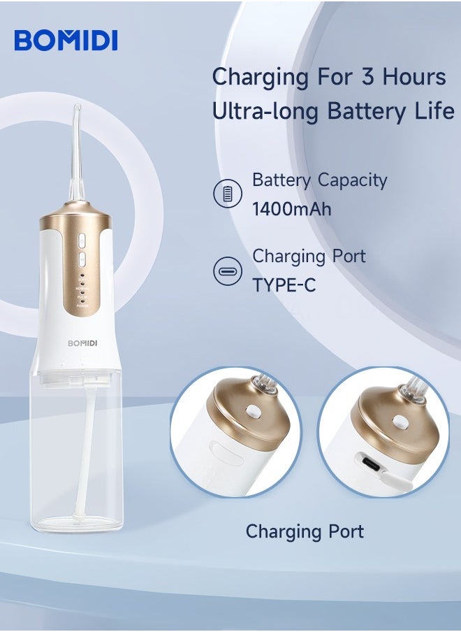 BOMIDI - Water Flosser for Cleaning Teeth 360° Rotation 6 Nozzles 240ml Water Tank IPX7 Type-C 3H Charging Time DE02 - White/Gold - Image 1