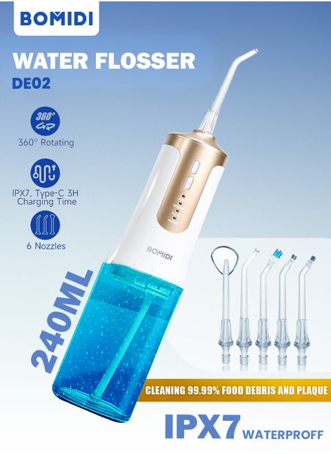 Water Flosser for Cleaning Teeth 360° Rotation 6 Nozzles 240ml Water Tank IPX7 Type-C 3H Charging Time DE02 - White/Gold