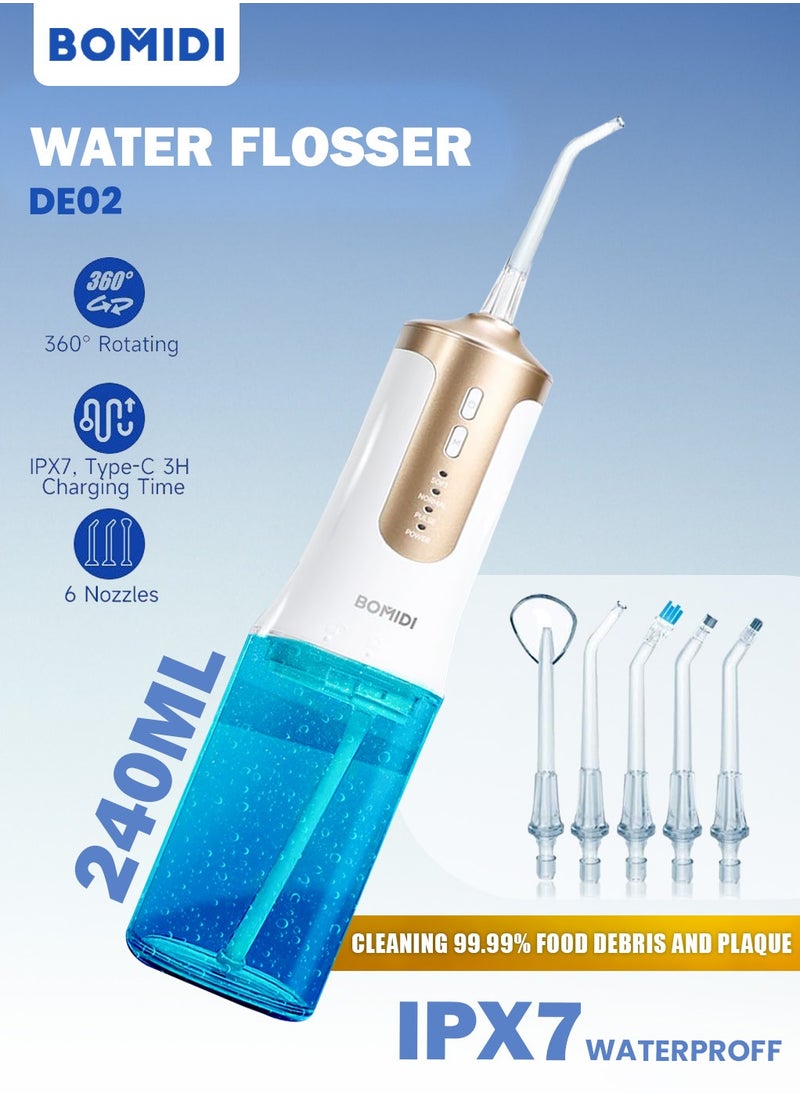 BOMIDI Water Flosser for Cleaning Teeth 360° Rotation 6 Nozzles 240ml Water Tank IPX7 Type-C 3H Charging Time DE02 - White/Gold  - Image 1