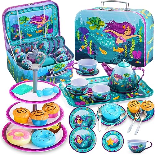 JOYIN 35Pcs Mermaid Tea Party Set for Little Girls Pretend Tin Teapot Set Princess Tea Time Play Kitchen Toy with Dessert Doughnut Carrying Case for Birthday Easter Gifts Kids Toddlers Age 3 4 5 6 - Image 1