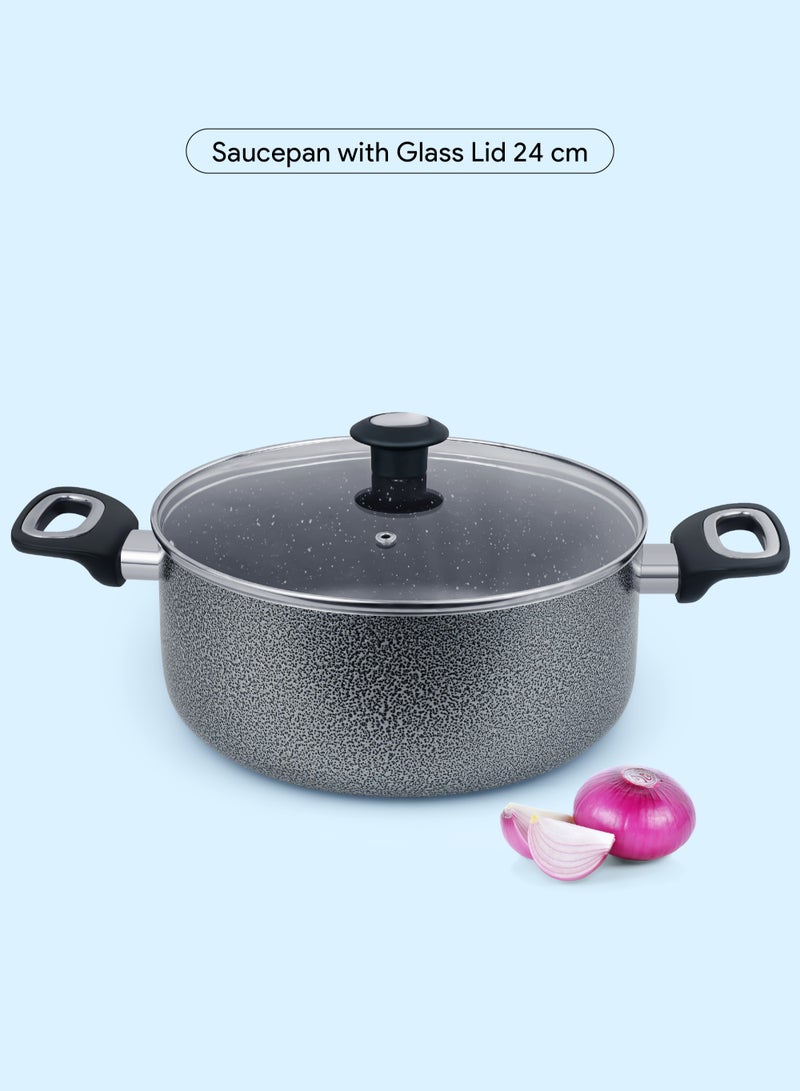 7 Pieces Granite Coated Cookware Set with White Spatter Coating,Superior Aluminum Non-Stick Interior,Includes 1 Sause pans with Tempered Glass Lids,18cm Milk Pan with lid,and 24cm Fry Pan with Spatula