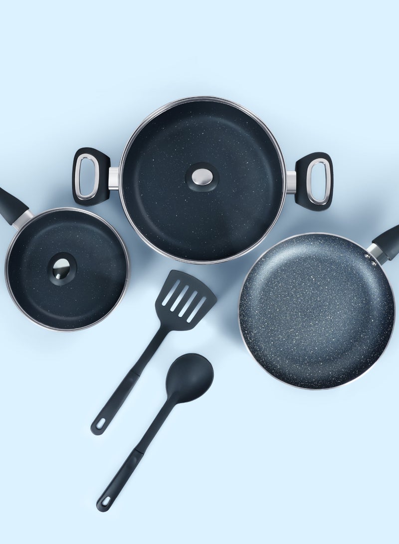 7 Pieces Granite Coated Cookware Set with White Spatter Coating,Superior Aluminum Non-Stick Interior,Includes 1 Sause pans with Tempered Glass Lids,18cm Milk Pan with lid,and 24cm Fry Pan with Spatula