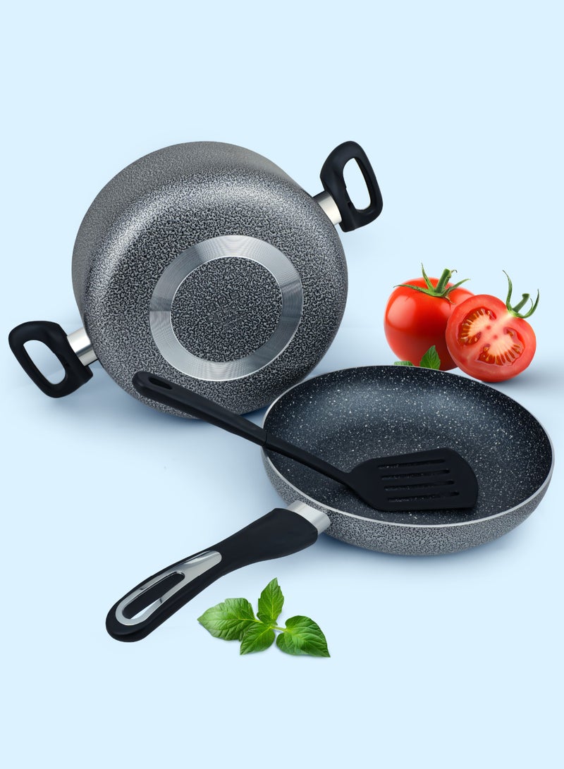 7 Pieces Granite Coated Cookware Set with White Spatter Coating,Superior Aluminum Non-Stick Interior,Includes 1 Sause pans with Tempered Glass Lids,18cm Milk Pan with lid,and 24cm Fry Pan with Spatula