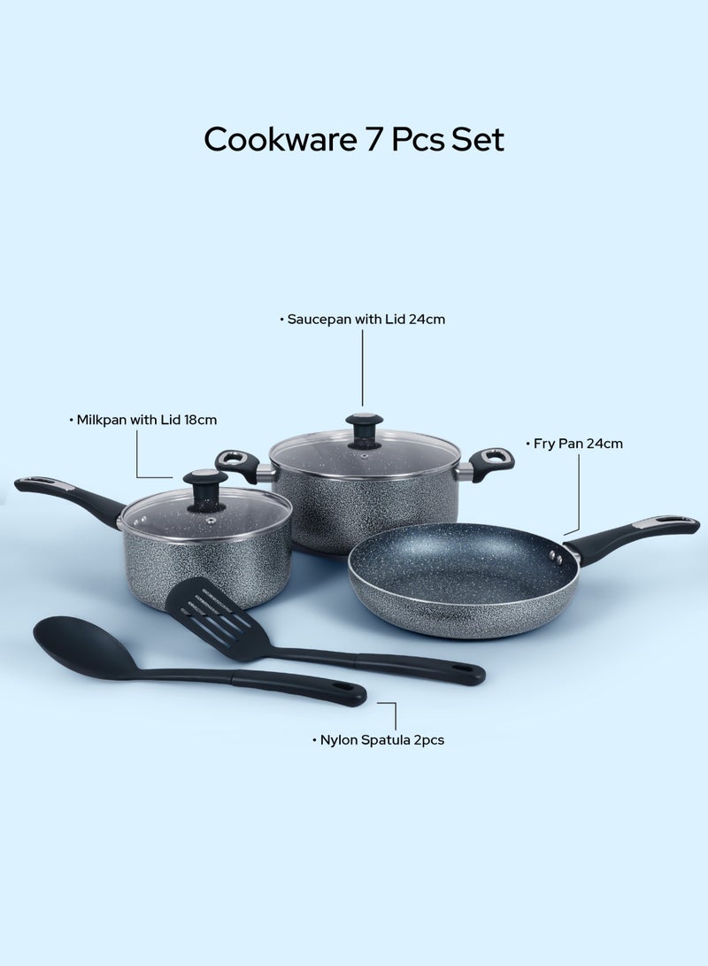 7 Pieces Granite Coated Cookware Set with White Spatter Coating,Superior Aluminum Non-Stick Interior,Includes 1 Sause pans with Tempered Glass Lids,18cm Milk Pan with lid,and 24cm Fry Pan with Spatula