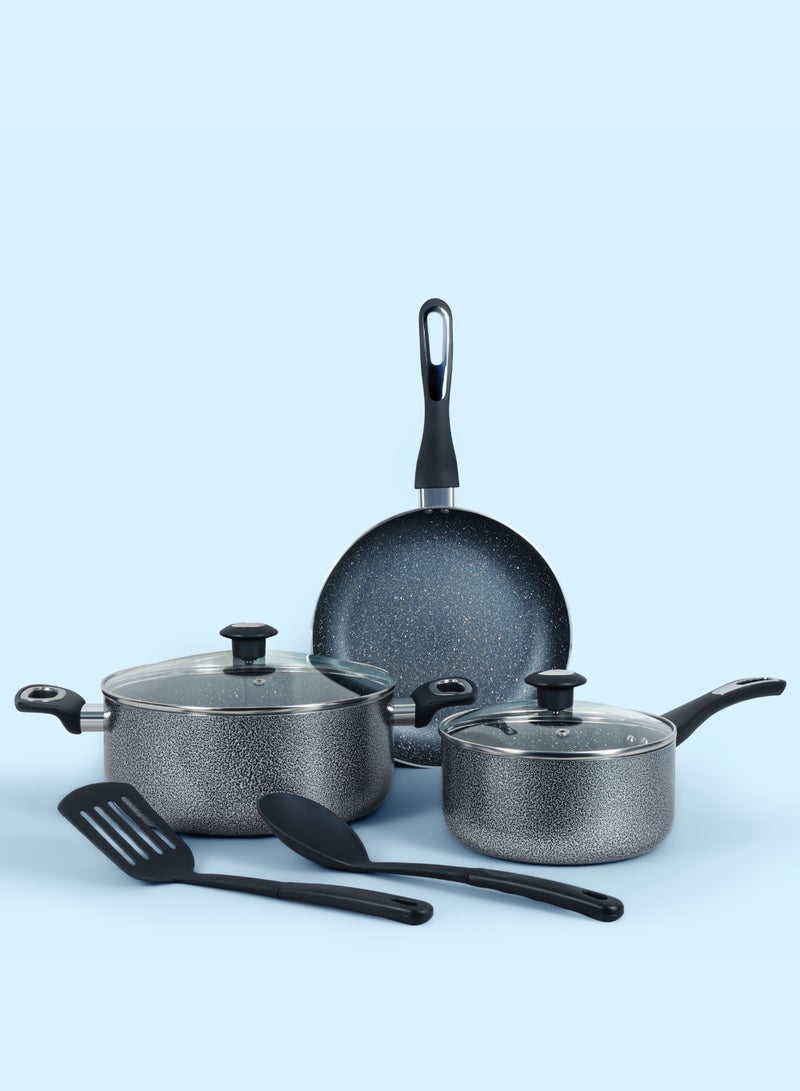 7 Pieces Granite Coated Cookware Set with White Spatter Coating,Superior Aluminum Non-Stick Interior,Includes 1 Sause pans with Tempered Glass Lids,18cm Milk Pan with lid,and 24cm Fry Pan with Spatula