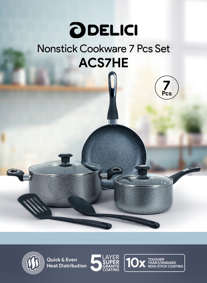 7 Pieces Granite Coated Cookware Set with White Spatter Coating,Superior Aluminum Non-Stick Interior,Includes 1 Sause pans with Tempered Glass Lids,18cm Milk Pan with lid,and 24cm Fry Pan with Spatula