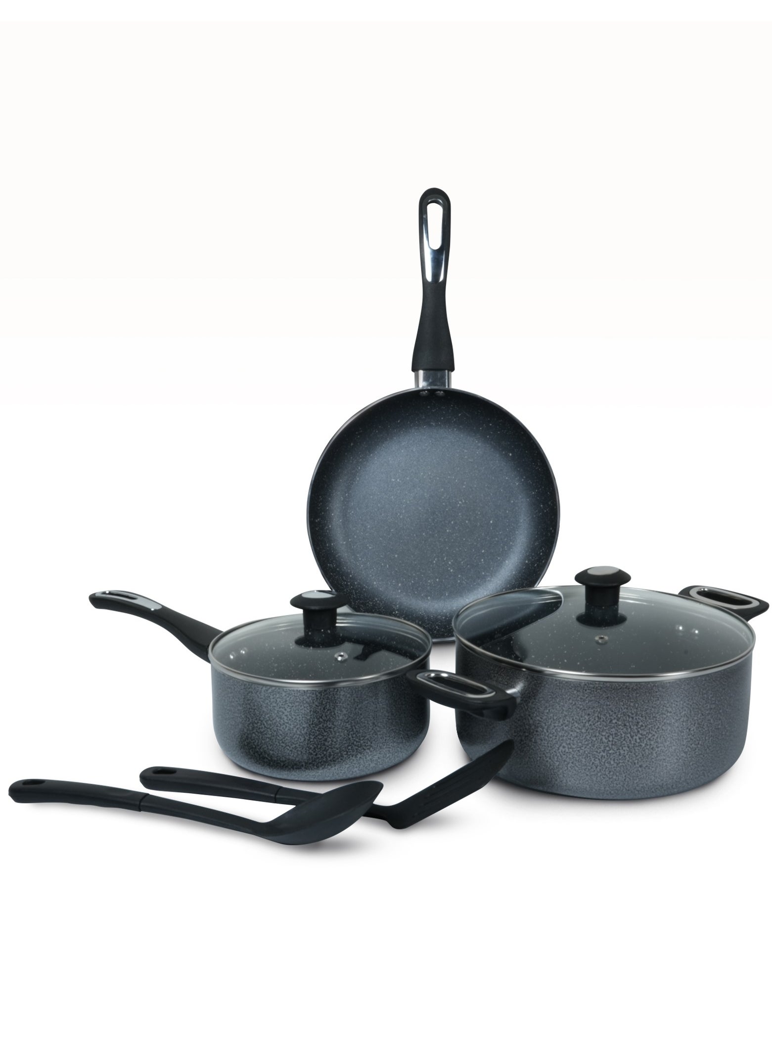 7 Pieces Granite Coated Cookware Set with White Spatter Coating,Superior Aluminum Non-Stick Interior,Includes 1 Sause pans with Tempered Glass Lids,18cm Milk Pan with lid,and 24cm Fry Pan with Spatula 