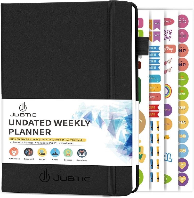 JUBTIC Undated Planner Weekly and Monthly Productivity Daily Planners Agenda Calendar to Do List Notebook A5 Organization Journal with Stickers Appointment Book for Time Management 2022-2023-Black - Image 1