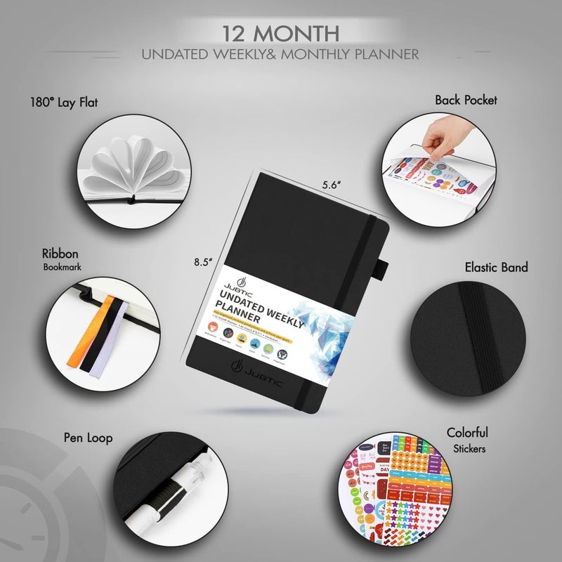 JUBTIC Undated Planner Weekly and Monthly Productivity Daily Planners Agenda Calendar to Do List Notebook A5 Organization Journal with Stickers Appointment Book for Time Management 2022-2023-Black - Image 2