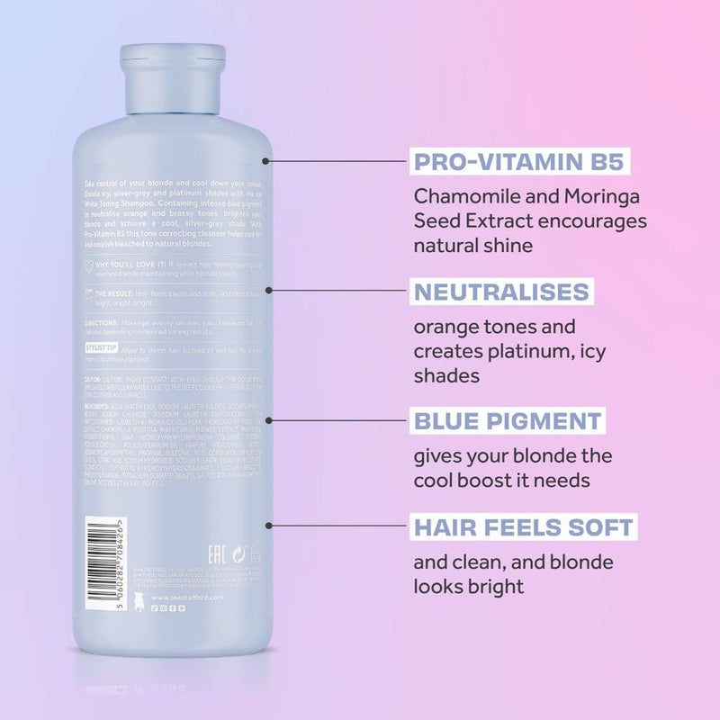 Lee Stafford شامبو لي ستافورد الأزرق لتصحيح اللون | مجموعة بلاتينيوم بلوند آيس وايت - يصحح الألوان النحاسية والبرتقالية، الأفضل للشعر المميز والبارد، علاج لتمديد اللون، مرطب، 16.9 أونصة سائلة - Image 3