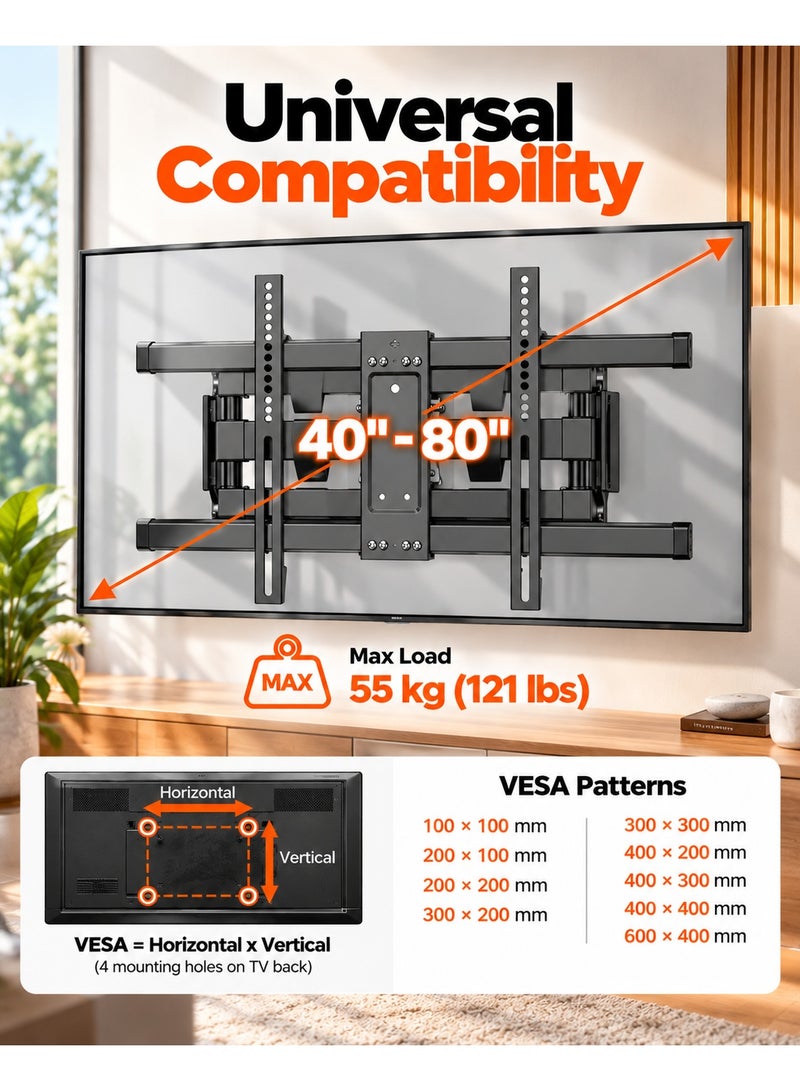 BEETEC TV Wall Mount Full Motion for 40"-80" Flat Panel TVs, VESA up to 600x400mm, Max Load 55 kg, 475mm Extension, Double Arm Swivel TV Bracket, ±6° Tilt, ±60° Swivel, Black - Image 2