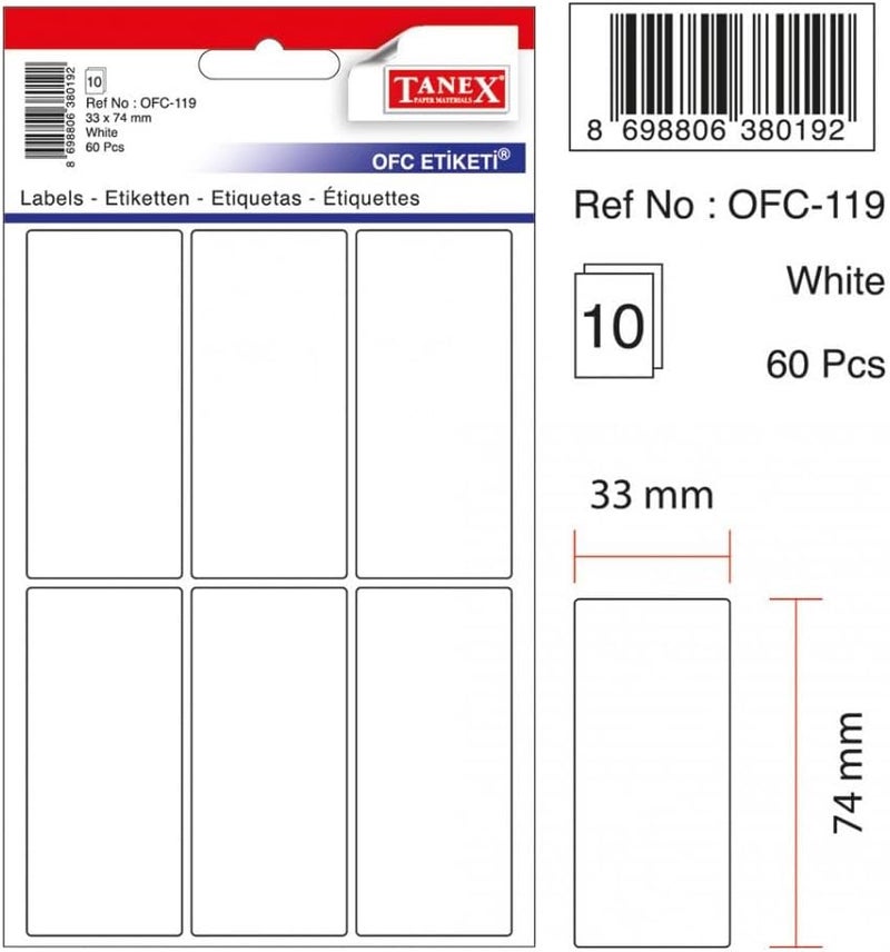 TANEX ADHESIVE LABELS 33MMX74MM 6X10 LABELS WHITE - Image 2