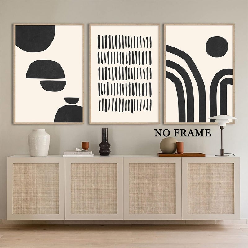 Wallvelart Black and White Abstract Wall Art Boho Line Abstract Drawings Poster Black Stroke Painting Beige Black Abstract Shapes Canvas Modern Geometric Pictures Abstract Line Artwork Print 16x24inchx3 No Frame - Image 3