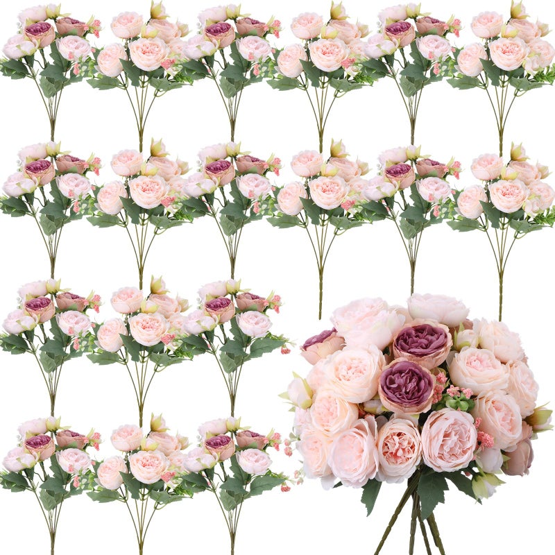 Geosar 24 Bundles Artificial Peonies Flowers Fake Silk Peony Bouquet Faux Peonies Flowers Bulk for Decoration Vase Floral Arrangements Wedding Party Table (Dusty Rose,Champagne Pink) - Image 1