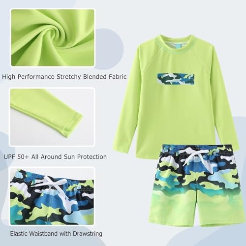 Aisyee Boys Two Piece Rash Guard Swimsuits Set with Swim Trunk Kids Long Sleeve Bathing Suit Swimwear Set Green Gradient Camo Size 6/6x - Image 5