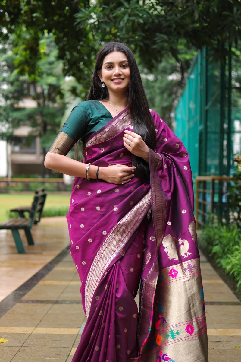 AMIRAT Women's Paithani Silk Saree with Woven Zari | Sari for Women | Kanjivaram Silk Sarees With Blouse (Wine) - Image 3