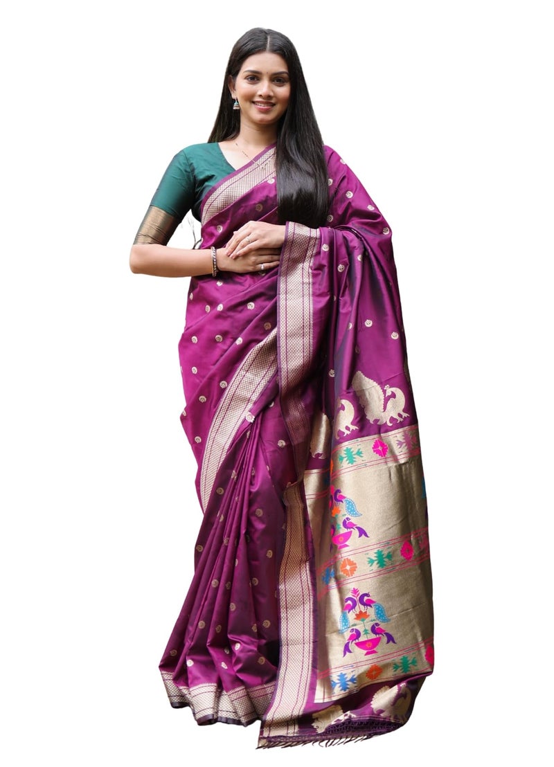 AMIRAT Women's Paithani Silk Saree with Woven Zari | Sari for Women | Kanjivaram Silk Sarees With Blouse (Wine) - Image 1