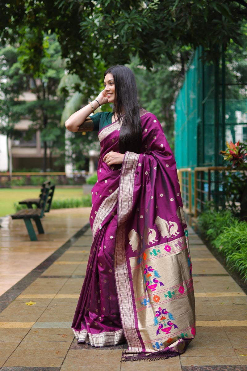 AMIRAT Women's Paithani Silk Saree with Woven Zari | Sari for Women | Kanjivaram Silk Sarees With Blouse (Wine) - Image 5
