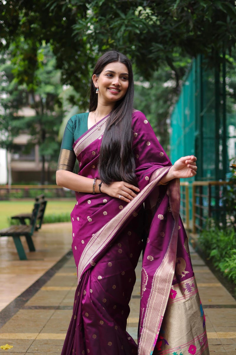 AMIRAT Women's Paithani Silk Saree with Woven Zari | Sari for Women | Kanjivaram Silk Sarees With Blouse (Wine) - Image 4