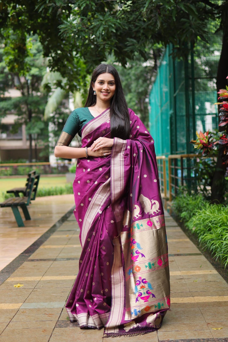 AMIRAT Women's Paithani Silk Saree with Woven Zari | Sari for Women | Kanjivaram Silk Sarees With Blouse (Wine) - Image 2