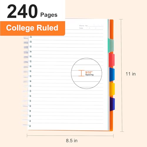 Yoment 5 Subject Notebook 8.5 x 11 Large Spiral Notebook with Dividers 240 Pages Office Notebooks for Work Multi Subject Notebook with 5 Tabs Professional Organizer Notebooks for Note Taking School, Orange - Image 3