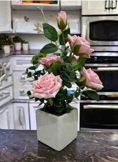 BABAZAM Artificial Rose Flowers With Ceramic Vase Artificial Flowers Decoration For Wedding Office Table Window Living Room Bedroom Party Pink 22x8x8cm  - Image 2