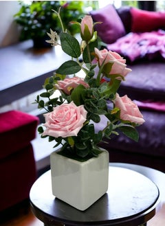 BABAZAM Artificial Rose Flowers With Ceramic Vase Artificial Flowers Decoration For Wedding Office Table Window Living Room Bedroom Party Pink 22x8x8cm  - Image 3