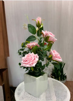 BABAZAM Artificial Rose Flowers With Ceramic Vase Artificial Flowers Decoration For Wedding Office Table Window Living Room Bedroom Party Pink 22x8x8cm  - Image 5