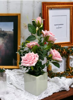 BABAZAM Artificial Rose Flowers With Ceramic Vase Artificial Flowers Decoration For Wedding Office Table Window Living Room Bedroom Party Pink 22x8x8cm  - Image 4