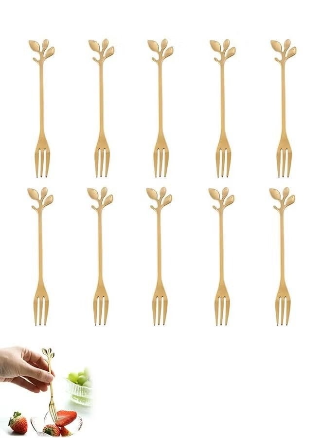 10 Pcs Leaf Shape Fruit Forks Set, Stainless Steel Gold Fruit Salad Forks, 4.7 Inches Tasting Dessert Forks (Golden)  - Image 1