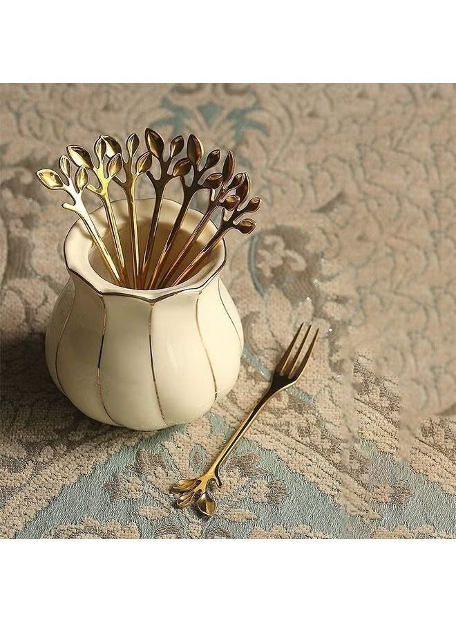 10 Pcs Leaf Shape Fruit Forks Set, Stainless Steel Gold Fruit Salad Forks, 4.7 Inches Tasting Dessert Forks (Golden)  - Image 4