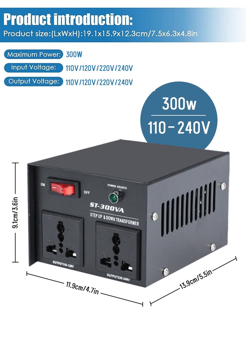 محول فولتية بقدرة 300W محول طاقة بقدرة 110V-220V محول محول تصاعدي/هابط محول محول مع حماية قاطع دائرة قابلة لإعادة التشفير مقبس عالمي صغير الحجم
