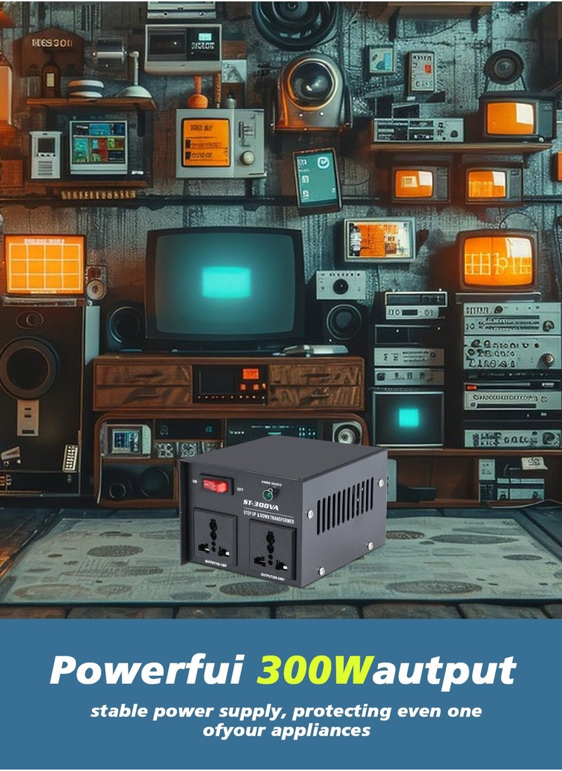 محول فولتية بقدرة 300W محول طاقة بقدرة 110V-220V محول محول تصاعدي/هابط محول محول مع حماية قاطع دائرة قابلة لإعادة التشفير مقبس عالمي صغير الحجم