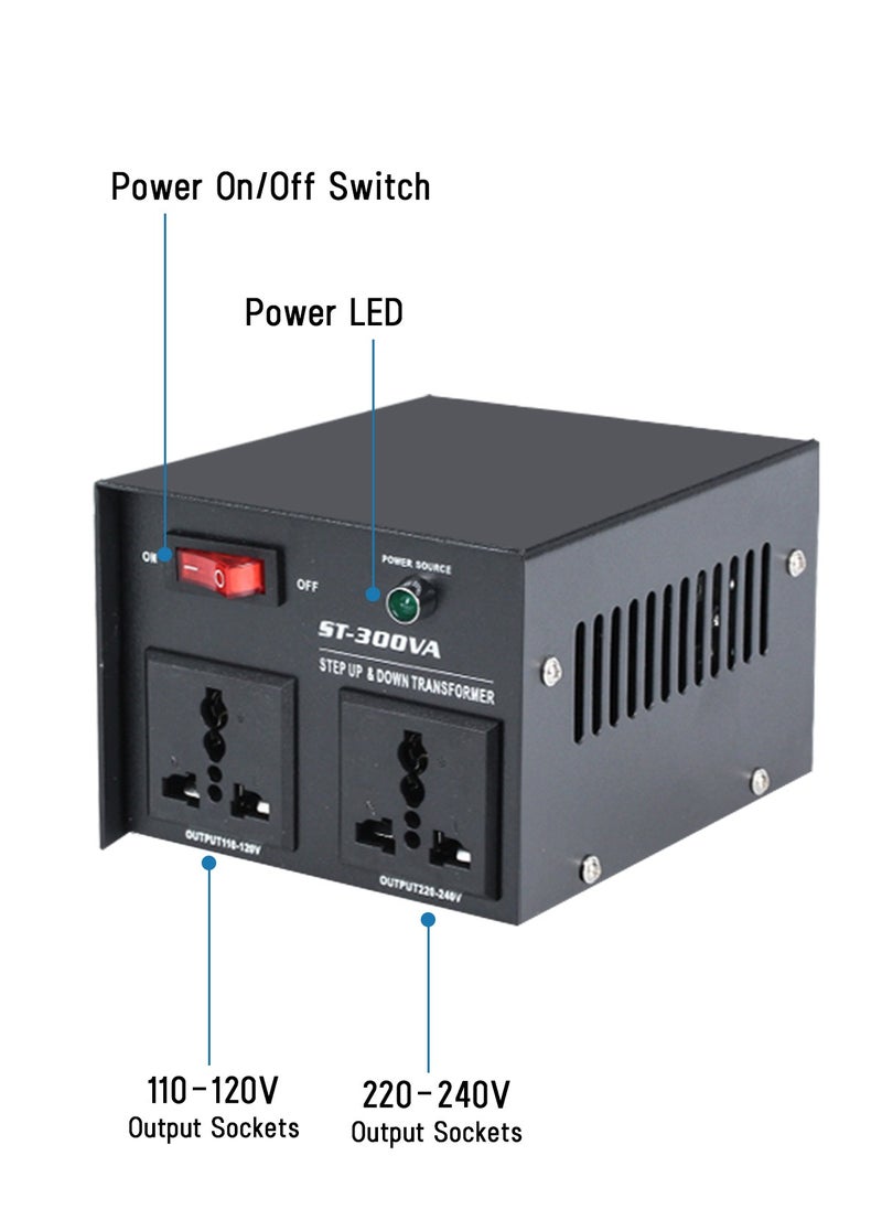 محول فولتية بقدرة 300W محول طاقة بقدرة 110V-220V محول محول تصاعدي/هابط محول محول مع حماية قاطع دائرة قابلة لإعادة التشفير مقبس عالمي صغير الحجم