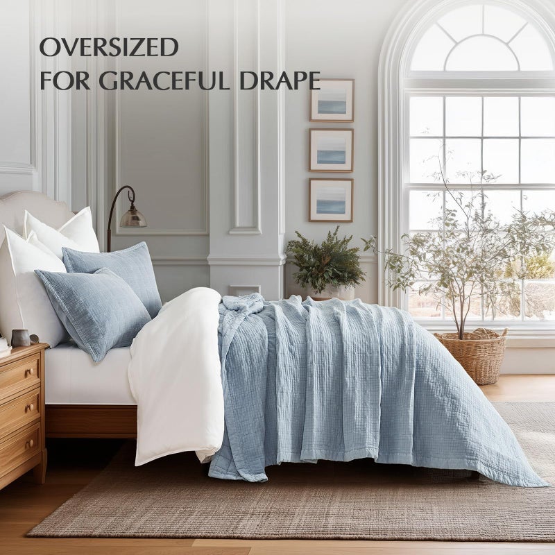 EVERGRACEHOME Stonewashed Cotton Quilt Set King Size, Ultra Soft Oversized Bedspread Coverlet Set, Lightweight Crinkle Box Stitch Bedding Sets for All Season, with 2 Matching Shams, Blue Linen - Image 4