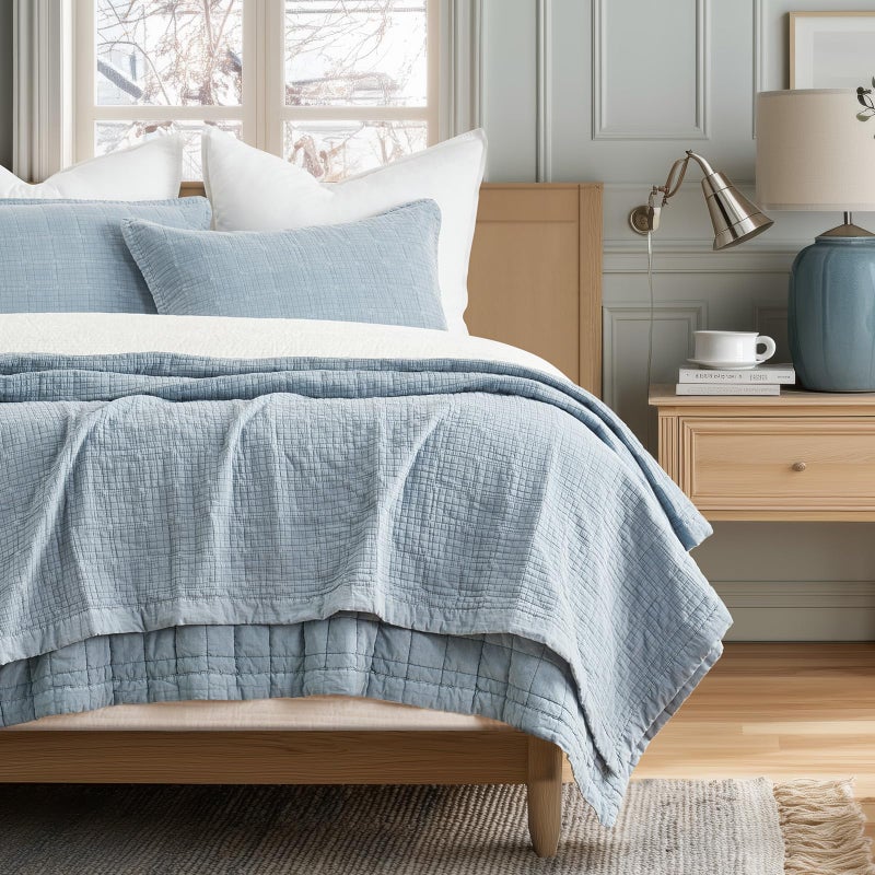 EVERGRACEHOME Stonewashed Cotton Quilt Set King Size, Ultra Soft Oversized Bedspread Coverlet Set, Lightweight Crinkle Box Stitch Bedding Sets for All Season, with 2 Matching Shams, Blue Linen - Image 1