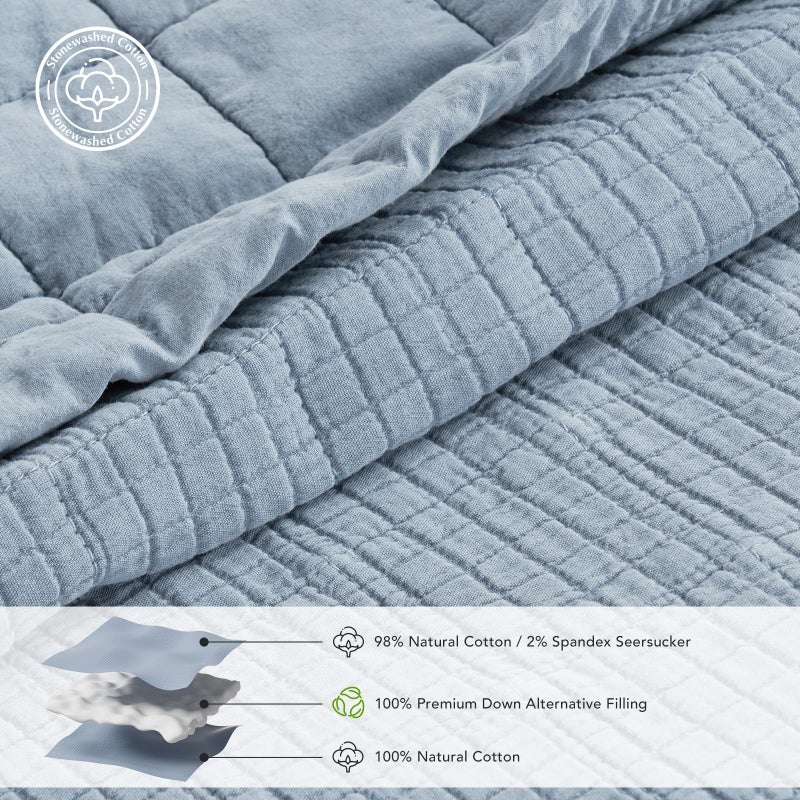 EVERGRACEHOME Stonewashed Cotton Quilt Set King Size, Ultra Soft Oversized Bedspread Coverlet Set, Lightweight Crinkle Box Stitch Bedding Sets for All Season, with 2 Matching Shams, Blue Linen - Image 5