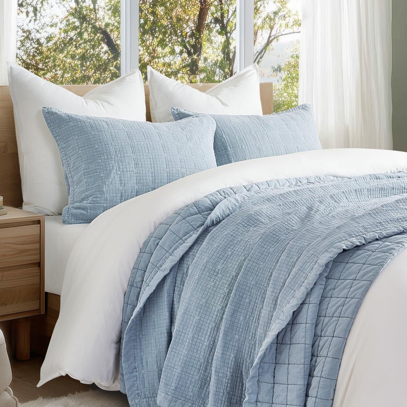 EVERGRACEHOME Stonewashed Cotton Quilt Set King Size, Ultra Soft Oversized Bedspread Coverlet Set, Lightweight Crinkle Box Stitch Bedding Sets for All Season, with 2 Matching Shams, Blue Linen - Image 2