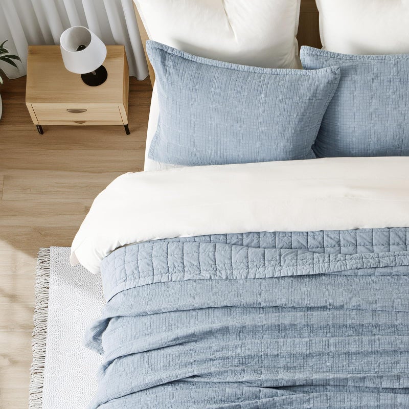 EVERGRACEHOME Stonewashed Cotton Quilt Set King Size, Ultra Soft Oversized Bedspread Coverlet Set, Lightweight Crinkle Box Stitch Bedding Sets for All Season, with 2 Matching Shams, Blue Linen - Image 3